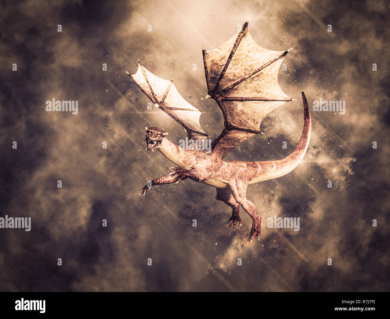3D rendering of a magical fairy tale dragon with wings flying in the ...