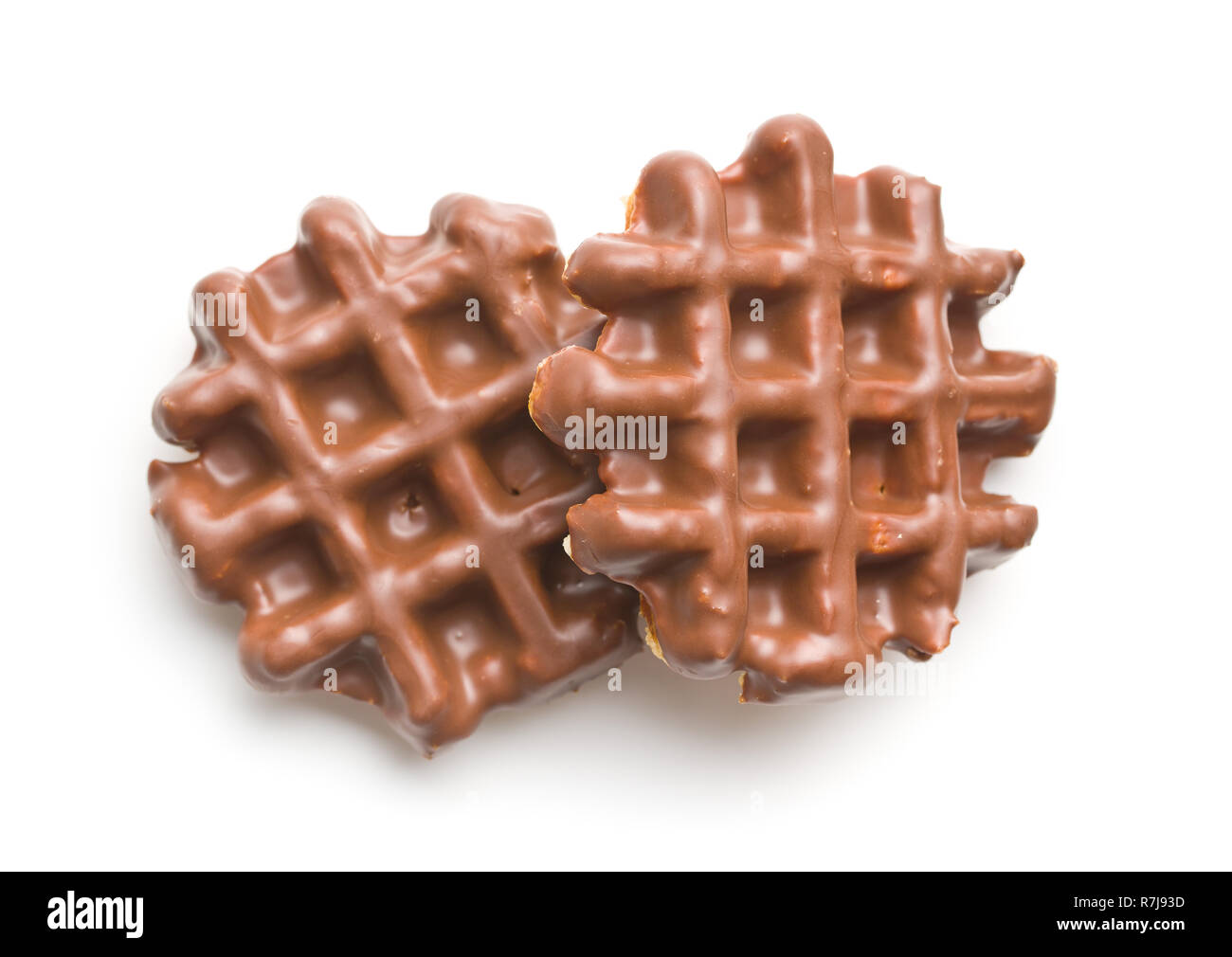 Waffles with chocolate topping isolated on white background. Stock Photo