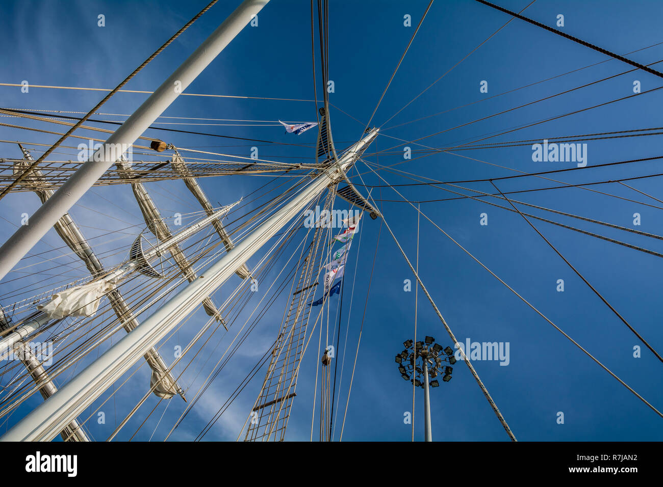 Bottom View of the mast main of Nave ITALIA, which at 61 meters is the largest brigantine in the world, in the porto of Livorno, Tuscany, Italy Stock Photo