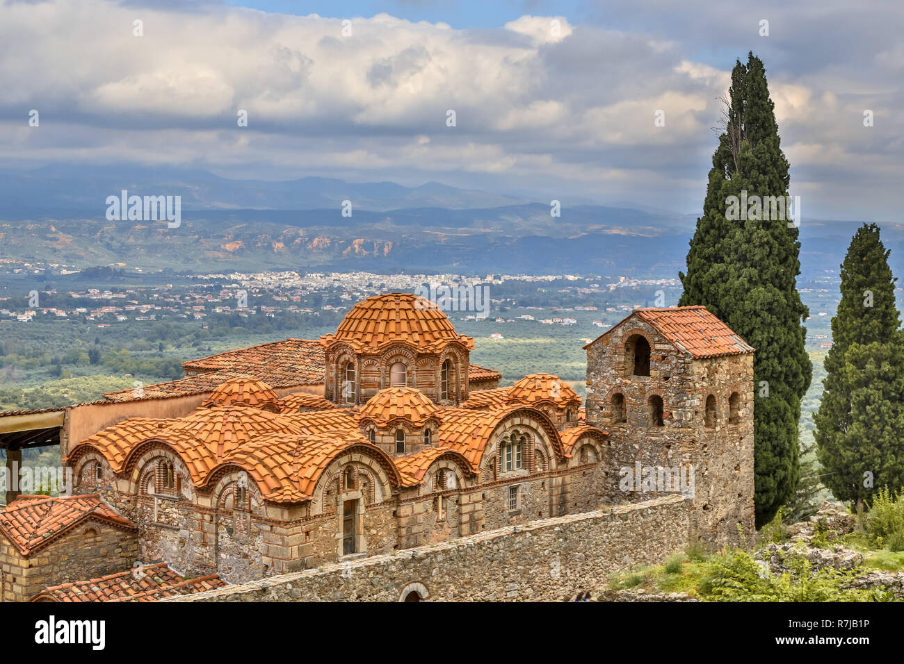 Monastery buildings in the medieval Byzantine ghost town-castle of Mystras, Peloponnese, Greece Stock Photo
