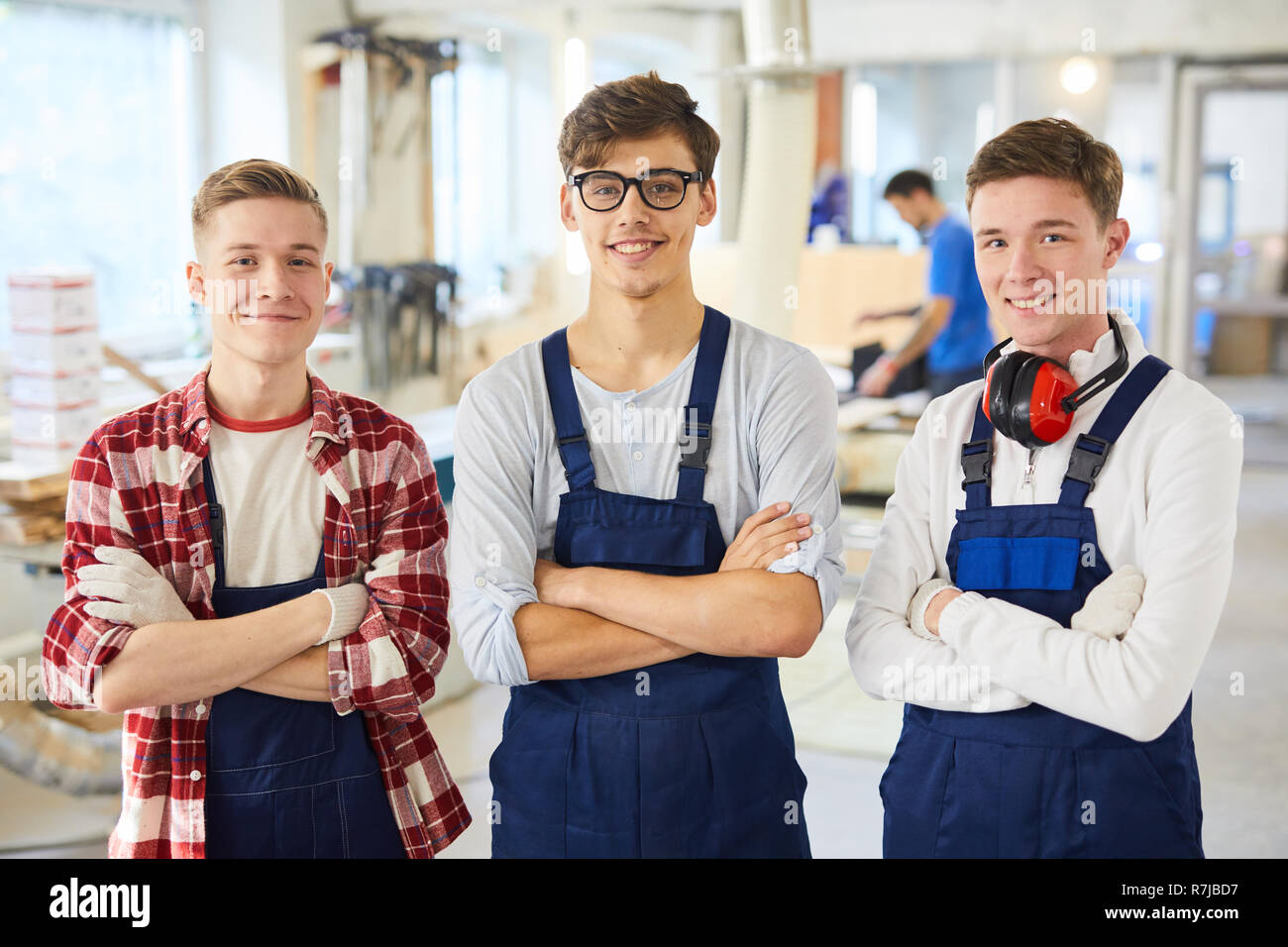 Young carpenter students in workshop Stock Photo
