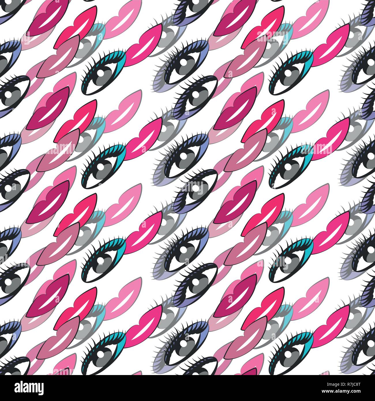 Cute seamless colorful pattern with eyes and lips Stock Vector