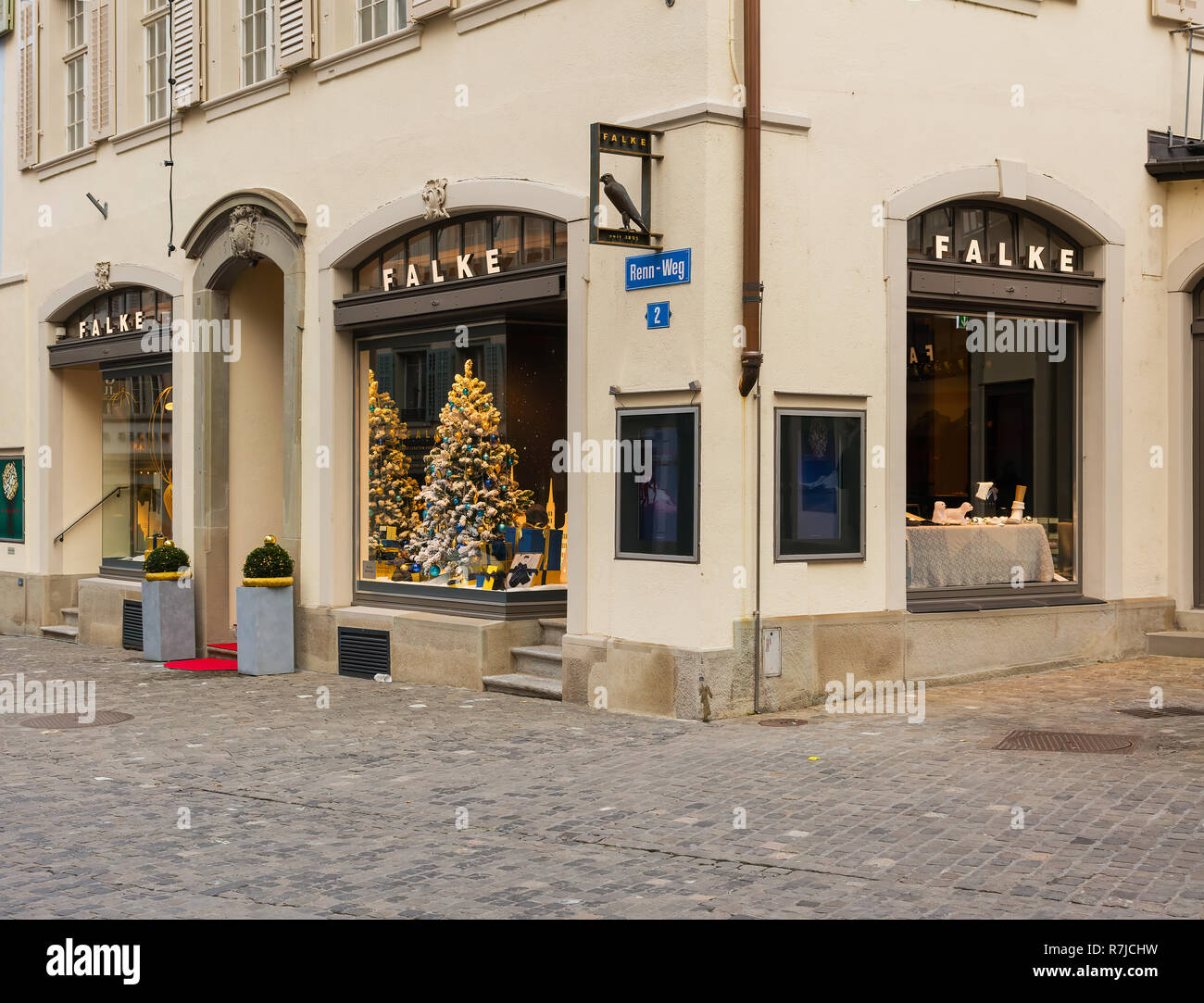 Zurich, Switzerland - December 6, 2015: Falke store on Renn-Weg street in the historic part of the city of Zurich in the advent season. Falke is a bra Stock Photo