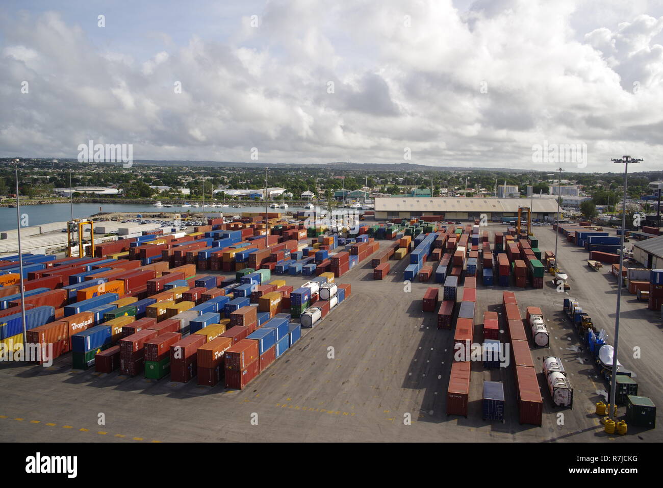 Shipping container handling, dockside, Barbados, Caribbean Stock Photo