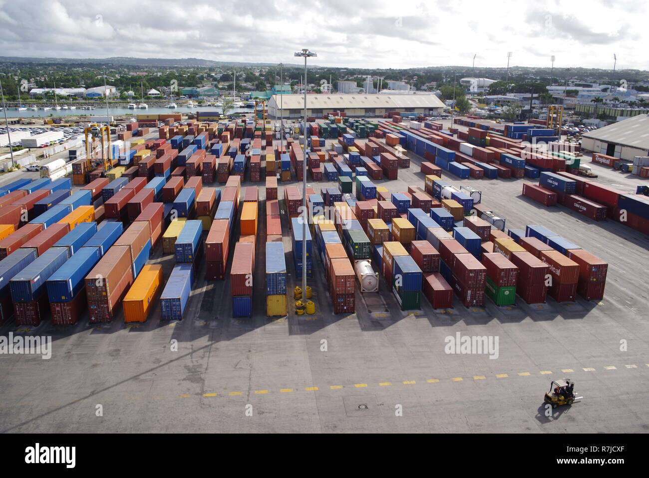 Shipping container handling, dockside, Barbados, Caribbean Stock Photo