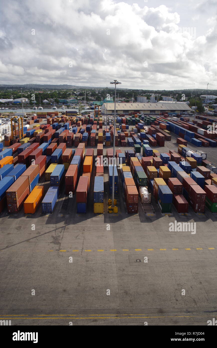 Shipping container handling, dockside, Barbados, Caribbean Stock Photo