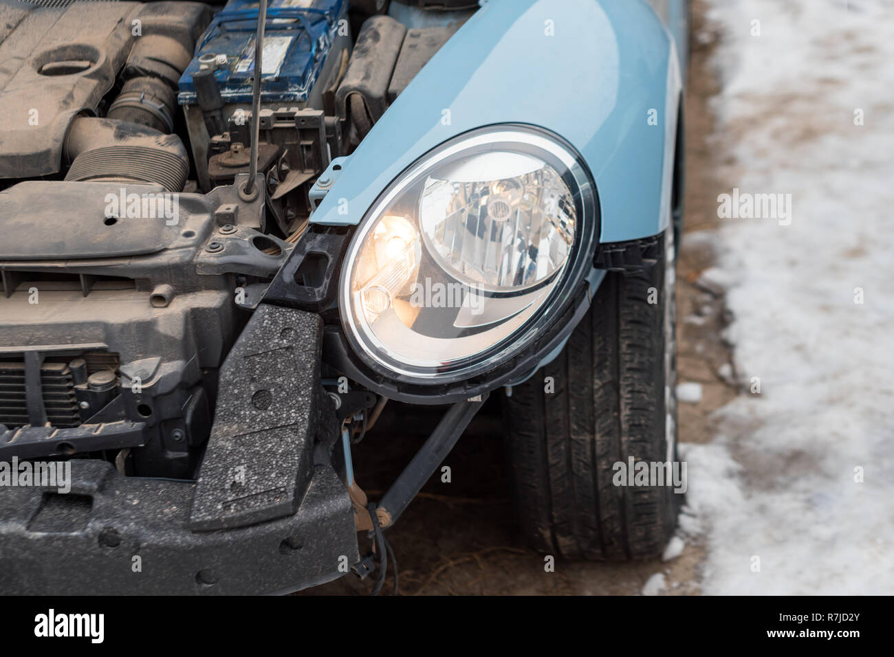 Close up of a crashed car. Auto crash, wreck with damage injury. Street ...