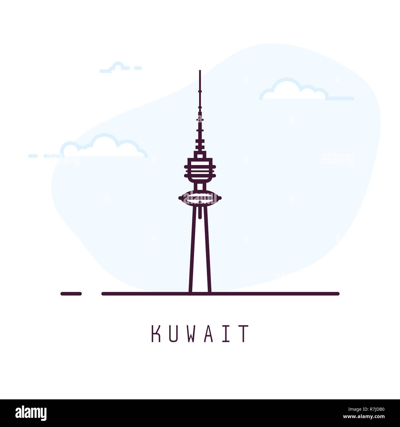 Kuwait city line style illustration. Big and famous Liberty tower in Kuwait . Arabic architecture city symbol of Kuwait. Outline building vector illus Stock Vector