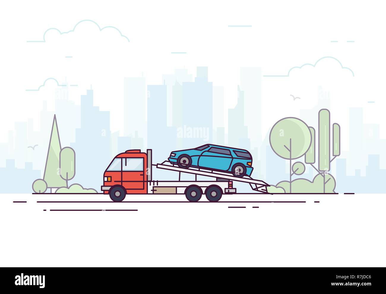 City tow truck on city road. Urban background, skyscrapers and buildings, park and trees. Emergency assistance on the road concept with city backgroun Stock Vector