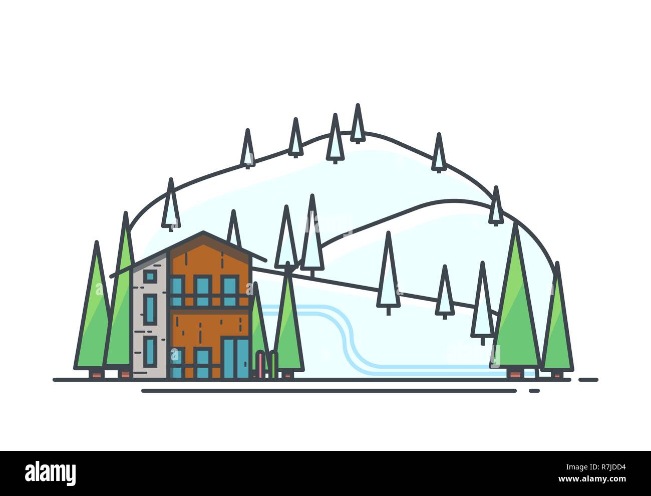 Ski resort vacation. Big modern vacation wooden house surrounded with trees. Mountains and hills covered with snow and trees. Modern line vector illus Stock Vector