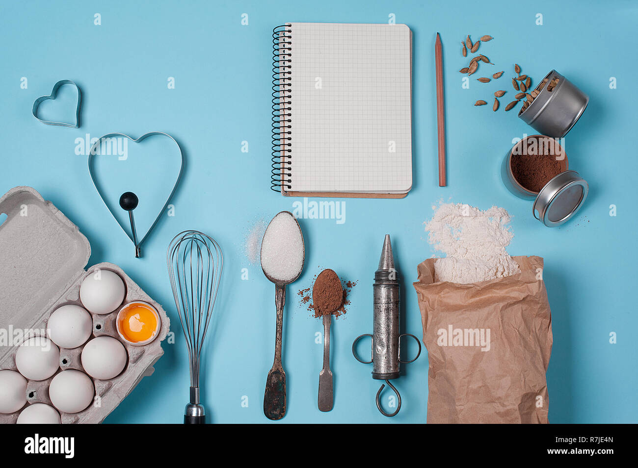 Backing background with ingredients for baking and kitchen tools. Stock Photo