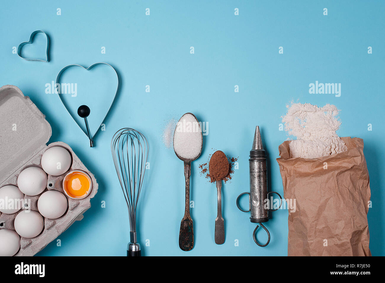 Backing background with ingredients for baking and kitchen tools. Stock Photo