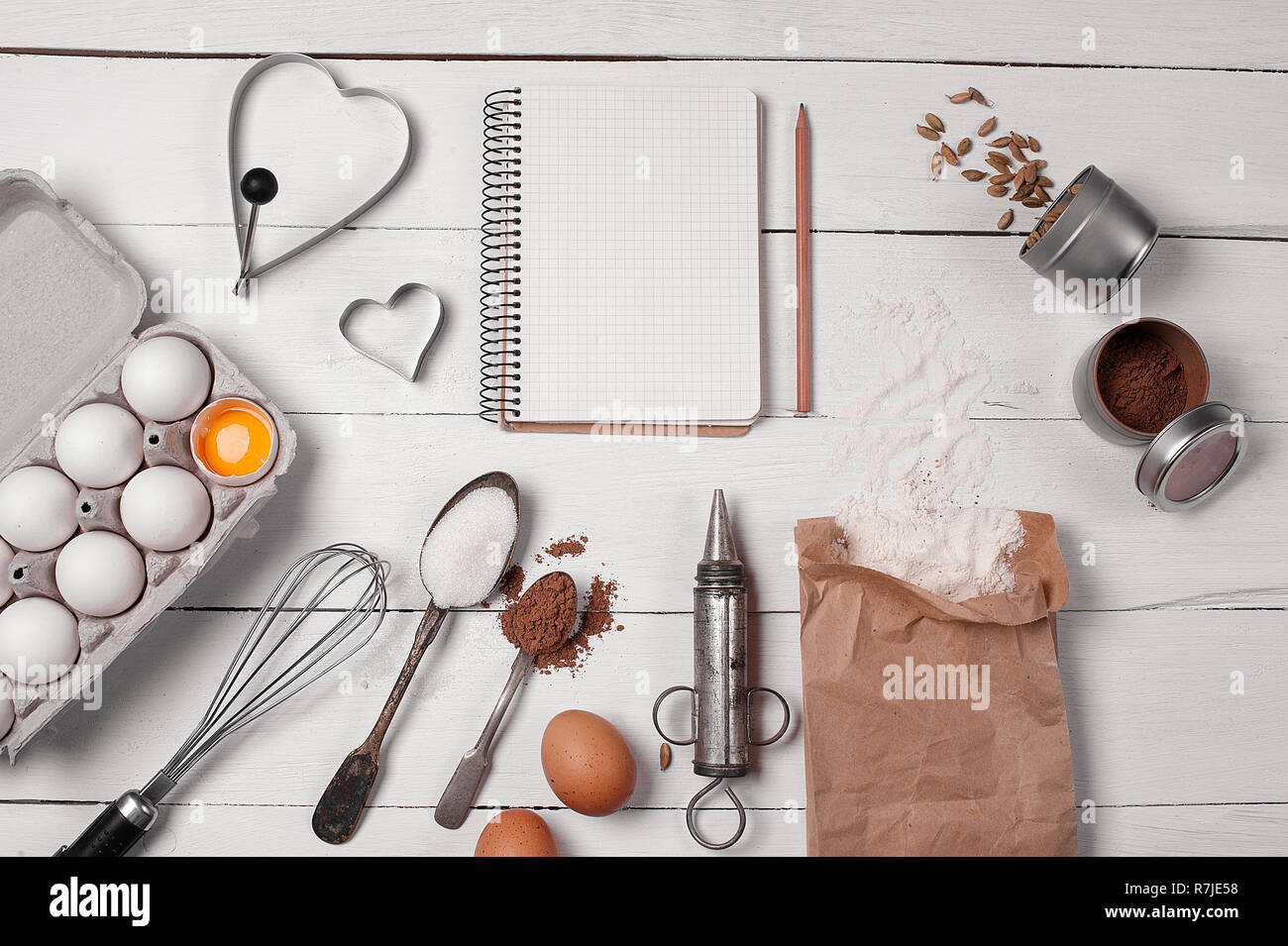 Backing background with ingredients for baking and kitchen tools. Stock Photo