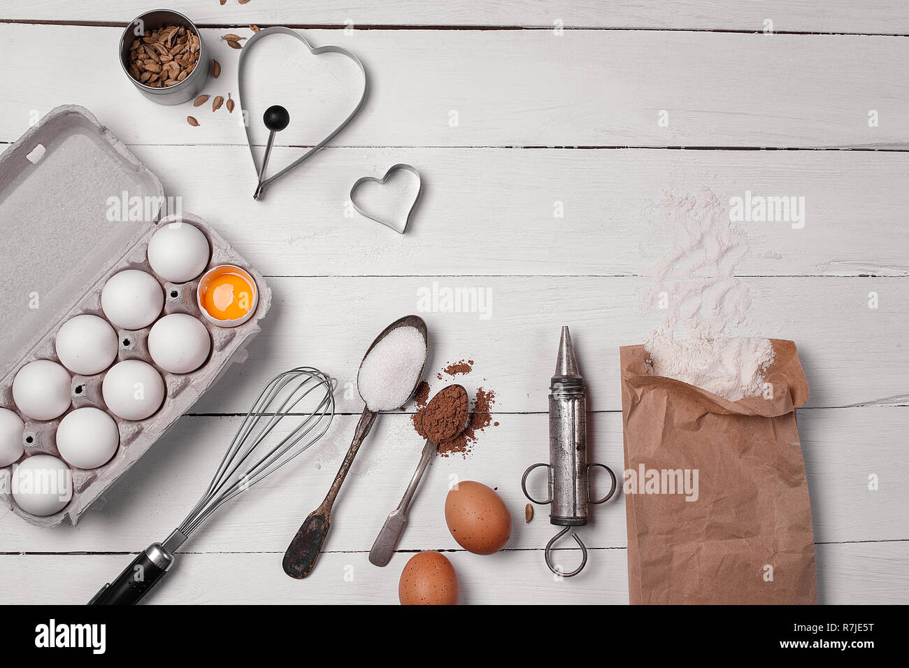 Backing background with ingredients for baking and kitchen tools. Stock Photo