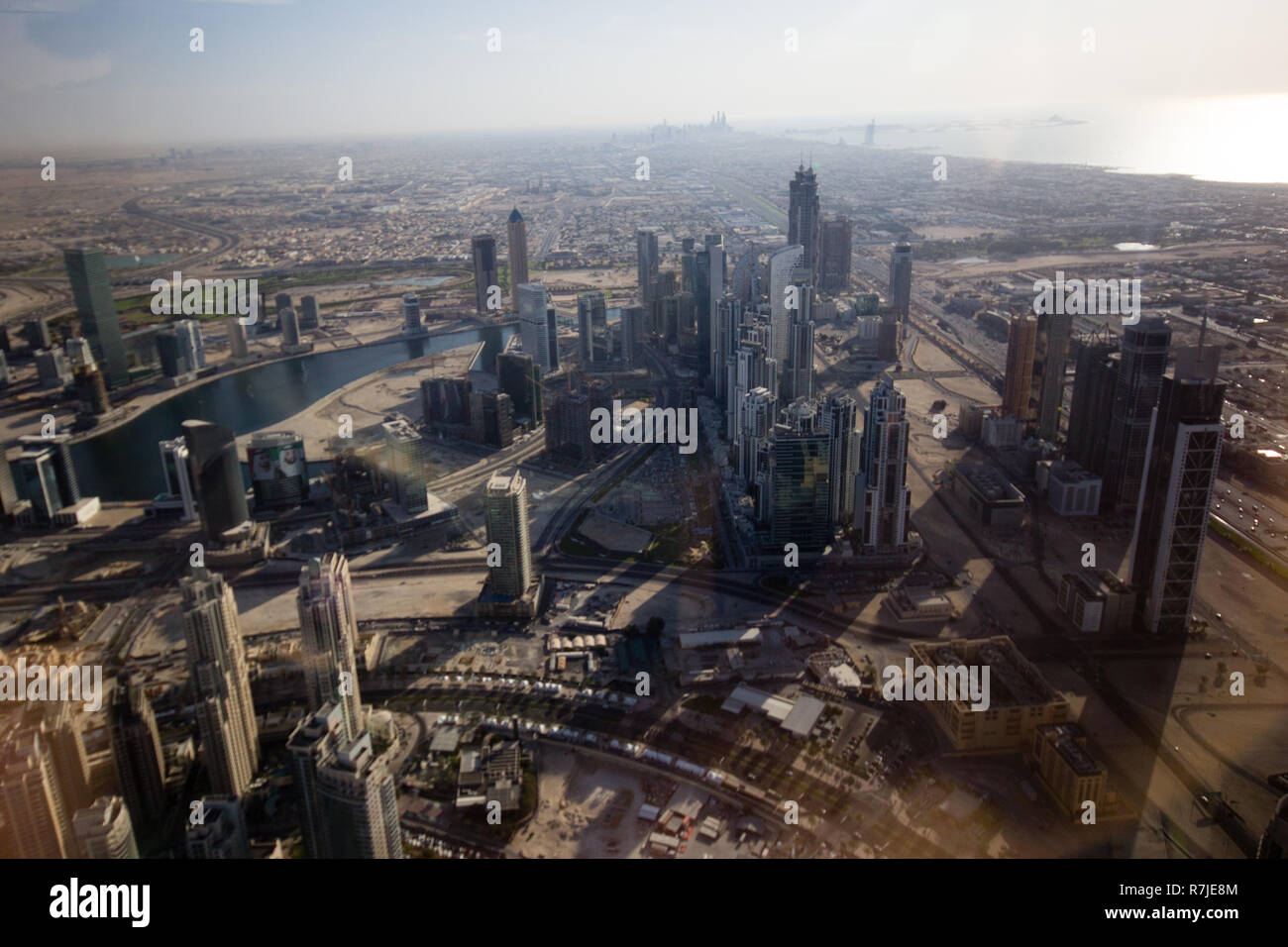 Panorama views of Dubai from the observation deck of the world record holding Burj Khalifa skyscraper in Dubai, United Arab Emirates. Stock Photo