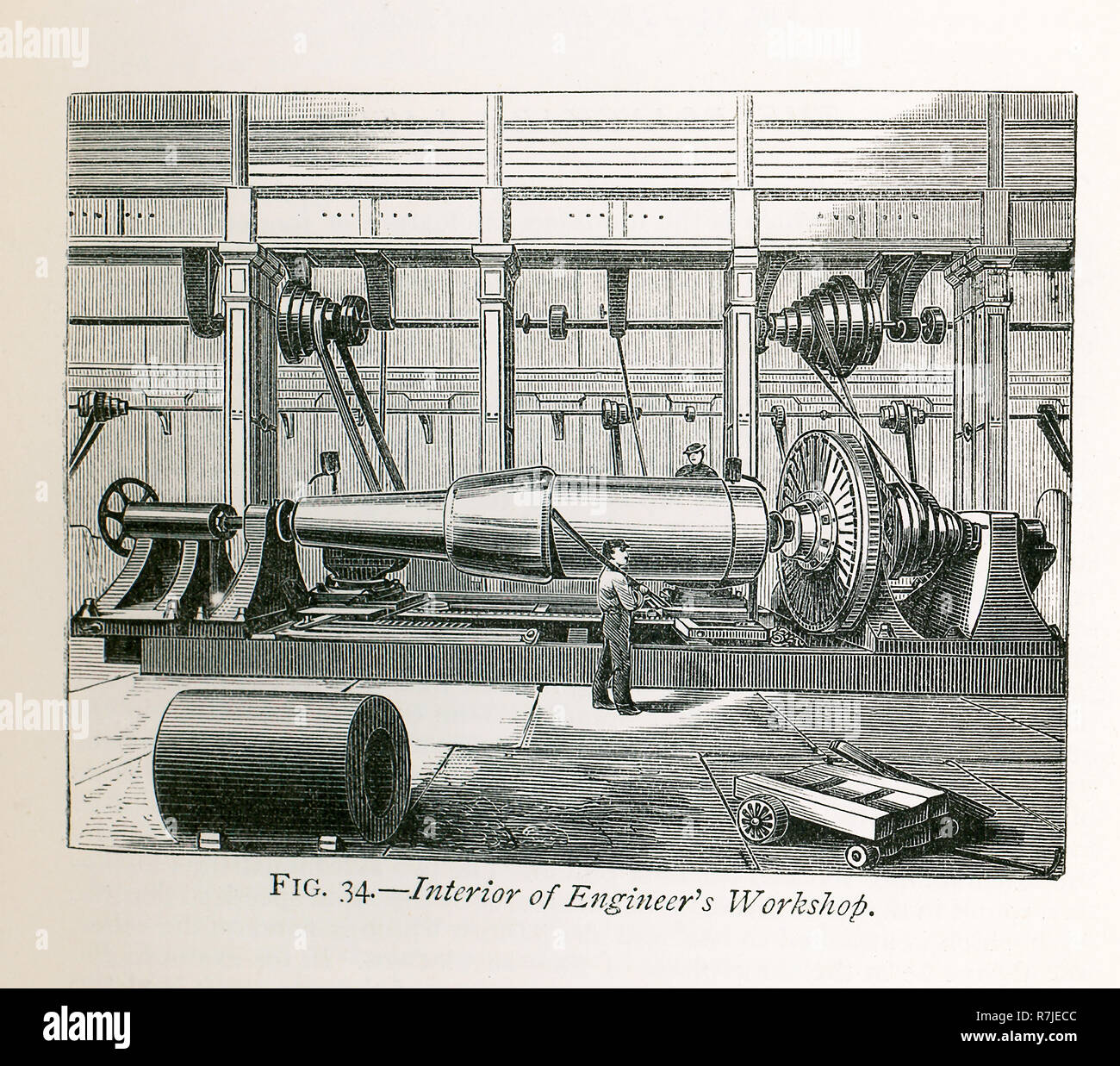This illustration dates to the 1870s an shows an engineer’s workshop. Any visitor to it could not fail to be struck with the operation of the powerful Lathes and Planing Machines, by which long thick flakes or shavings of iron are removed from pieces of metal with the same apparent ease as if the machine were paring cheese. Stock Photo