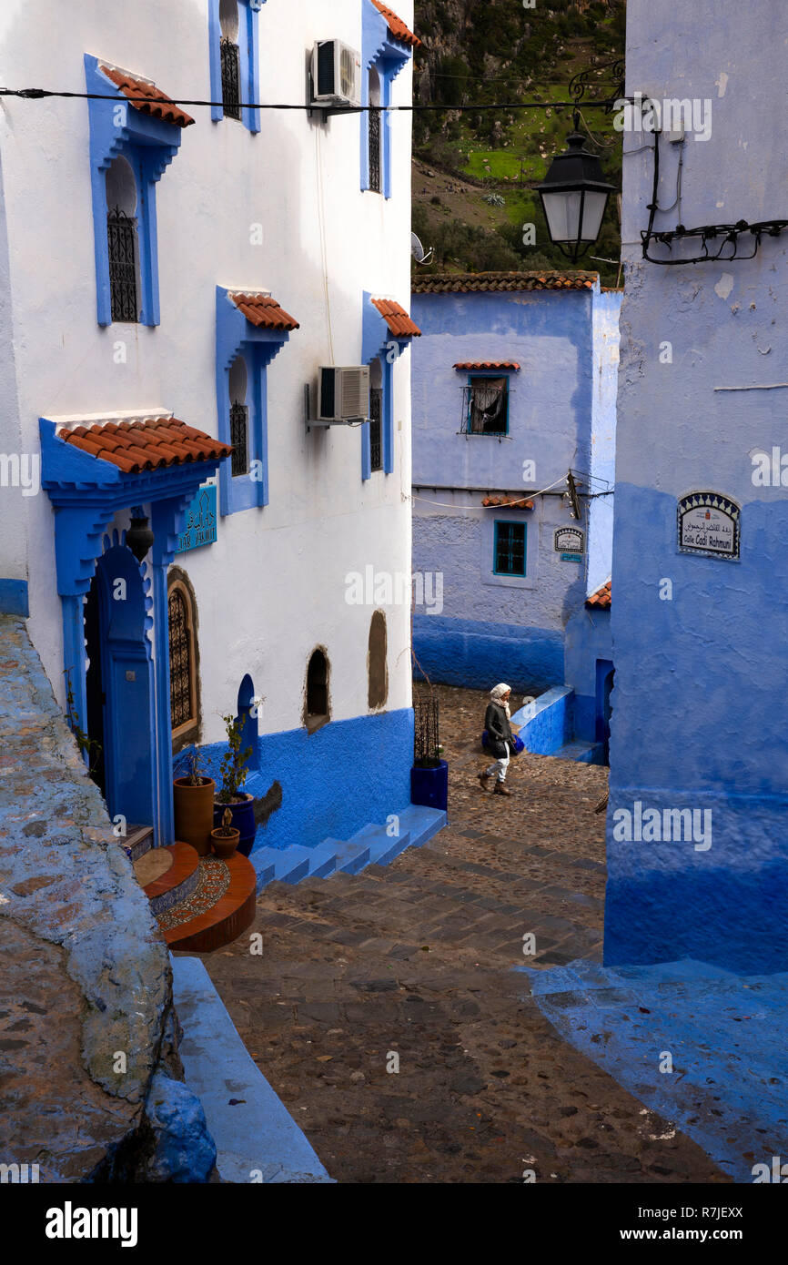 Morocco, Chefchaouen, Medina, Calle Tunsi & Calle Cadi Rahmuni, blue painted hillside houses Stock Photo