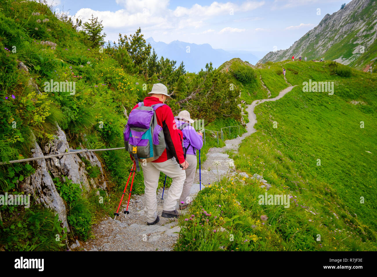People hiking in Switzerland Alps at sunny day Stock Photo - Alamy