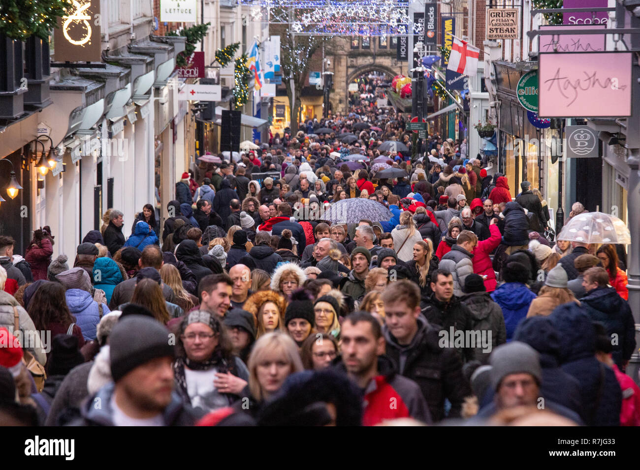 A very busy high street in the first week of December in Lincoln, England, UK. The main high street runs up through the centre of Lincoln. Stock Photo