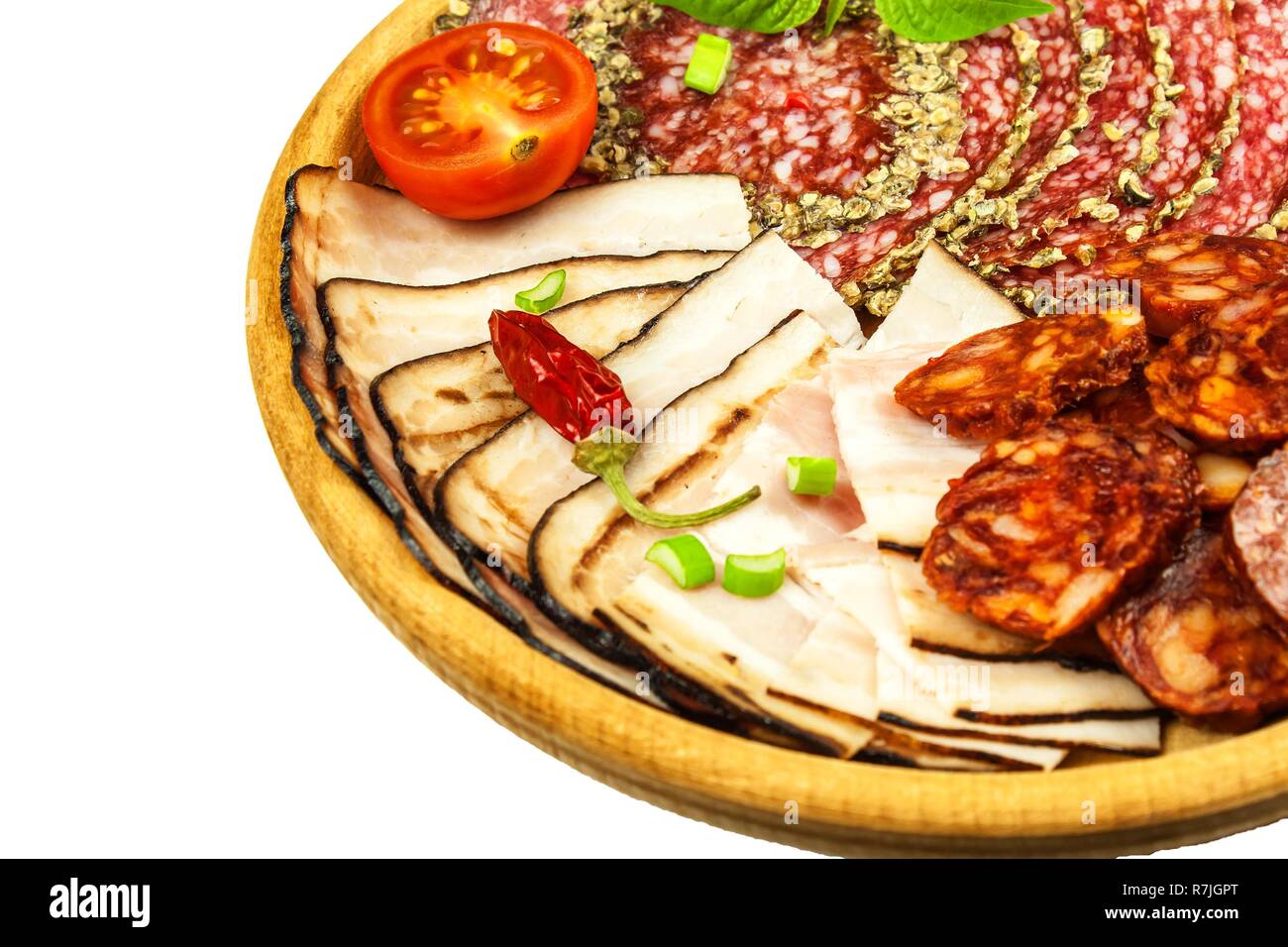 Italian dried salami crusted in ground black pepper. Bacon and sausage