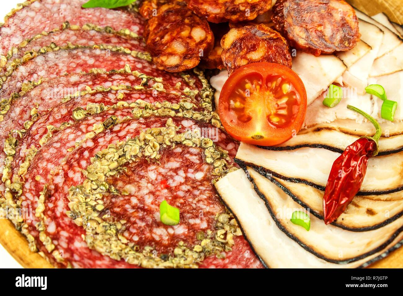 Italian dried salami crusted in ground black pepper. Bacon and sausage