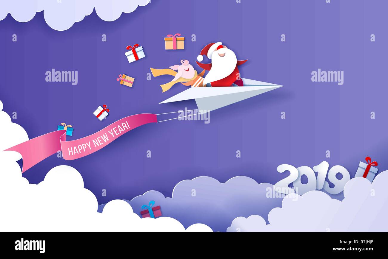 2019 New Year card design. Santa Claus and funny pig fluing on paper airplane on blue background. Vector paper cut art illustration for promotion banners, headers, posters, stickers Stock Vector