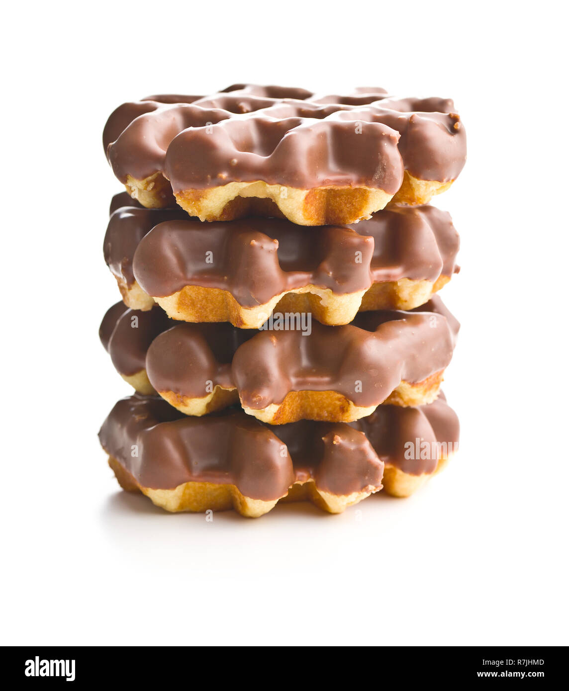 Waffles with chocolate topping isolated on white background. Stock Photo