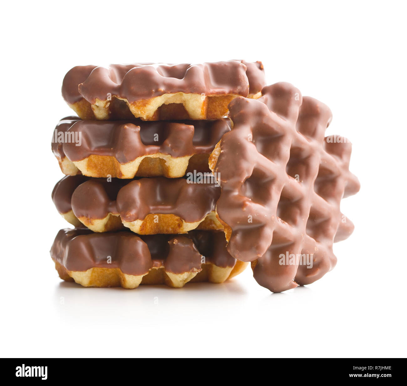 Waffles with chocolate topping isolated on white background. Stock Photo