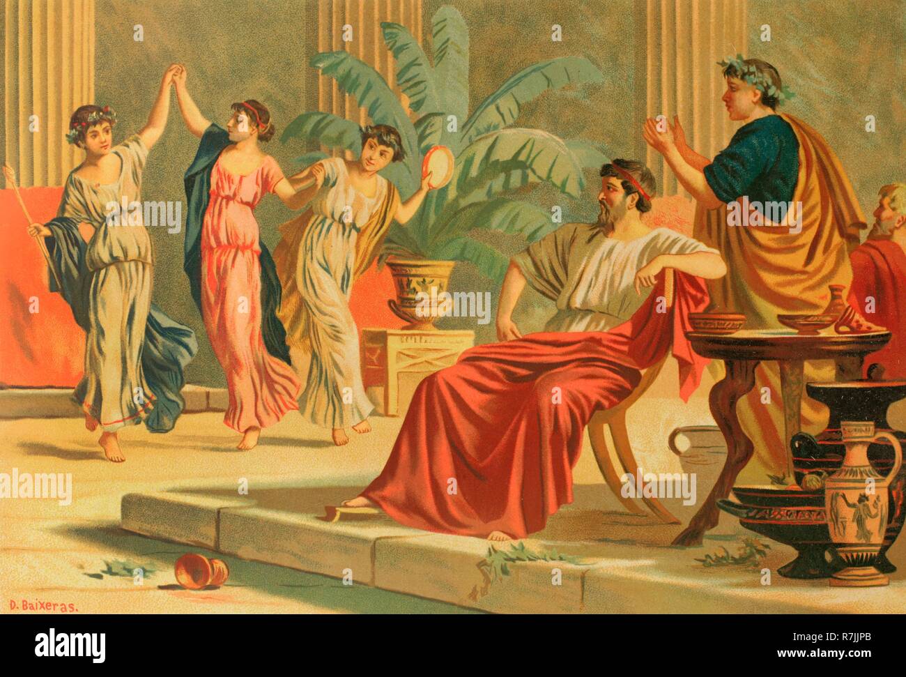 Ancient Greece. Dances after a banquet or simposium. Drawing by Dionisio Baixeras (1862-1943). Chromolithography. La Civilizacion (The Civilization), volume II, 1881. Stock Photo