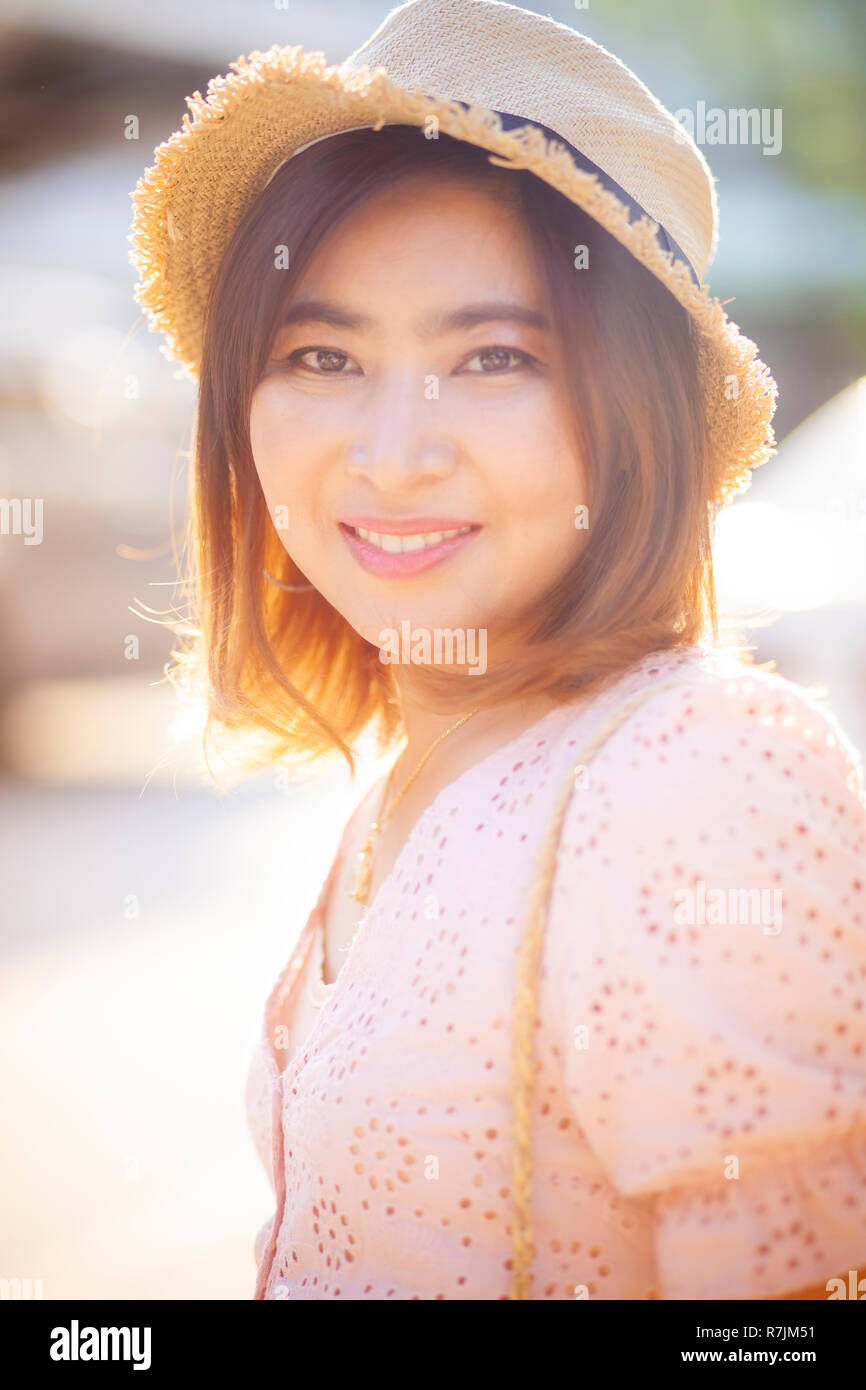portrait of beautiful asian woman toothy smiling face happiness emotion Stock Photo