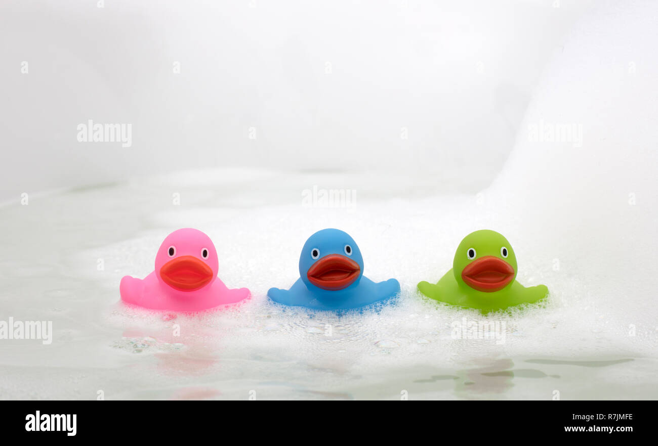 Pink, green and blue duck in a bathtub, surrounded by soap Stock Photo ...