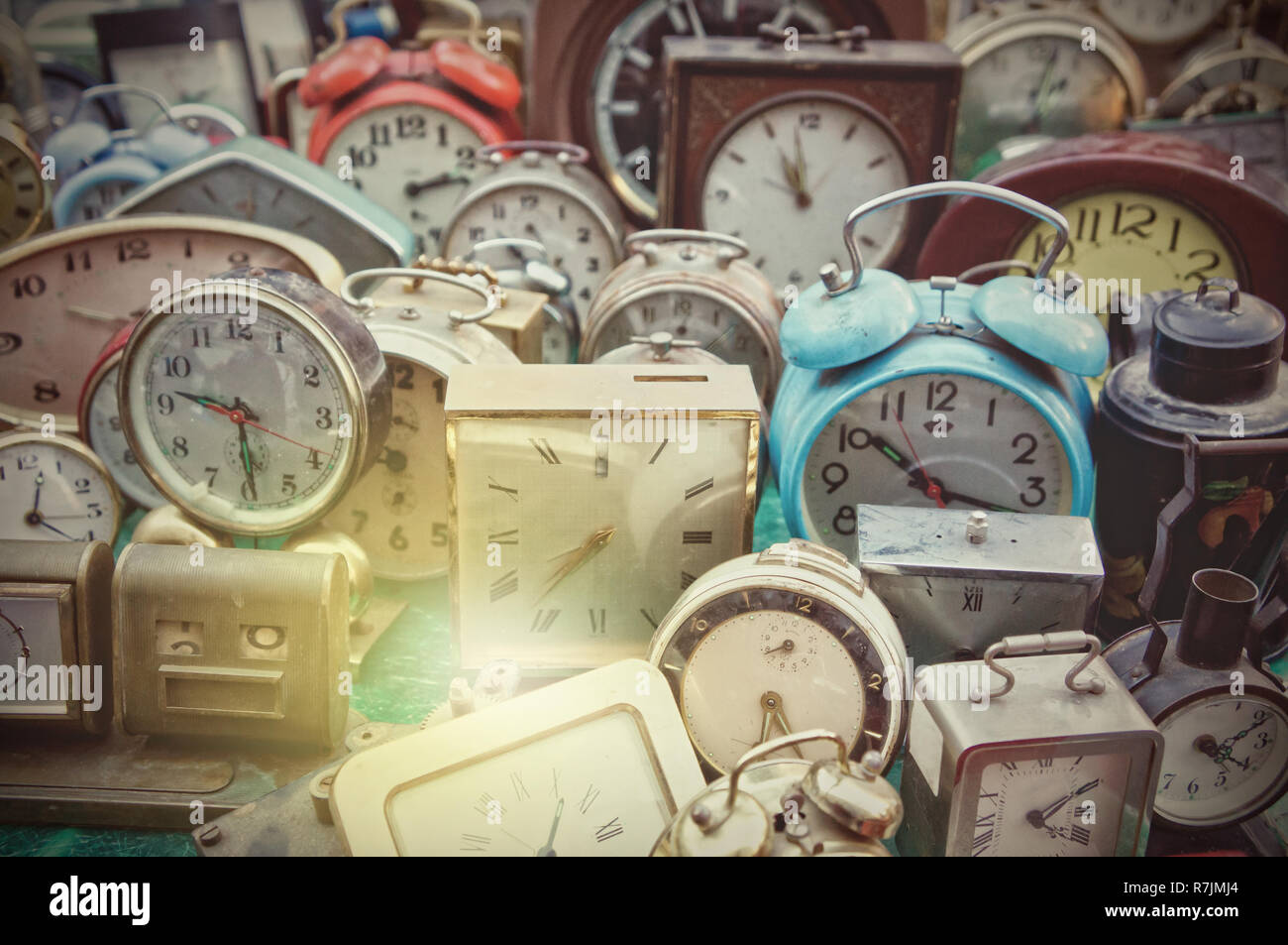 Vintage alarm clocks background Stock Photo Alamy