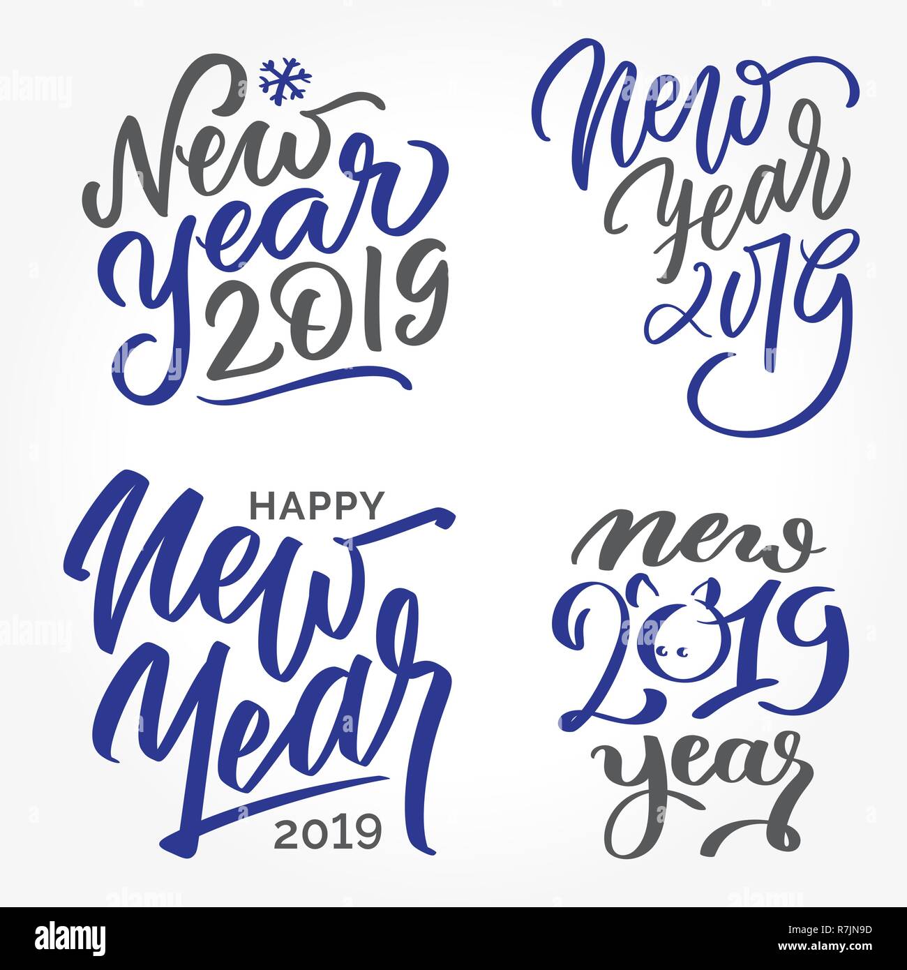 Happy New Year 2019 - Set of hand written lettering two colored text, calligraphy. typography. Collection of gold card template with greetings in french. flyer, banner, poster Stock Vector