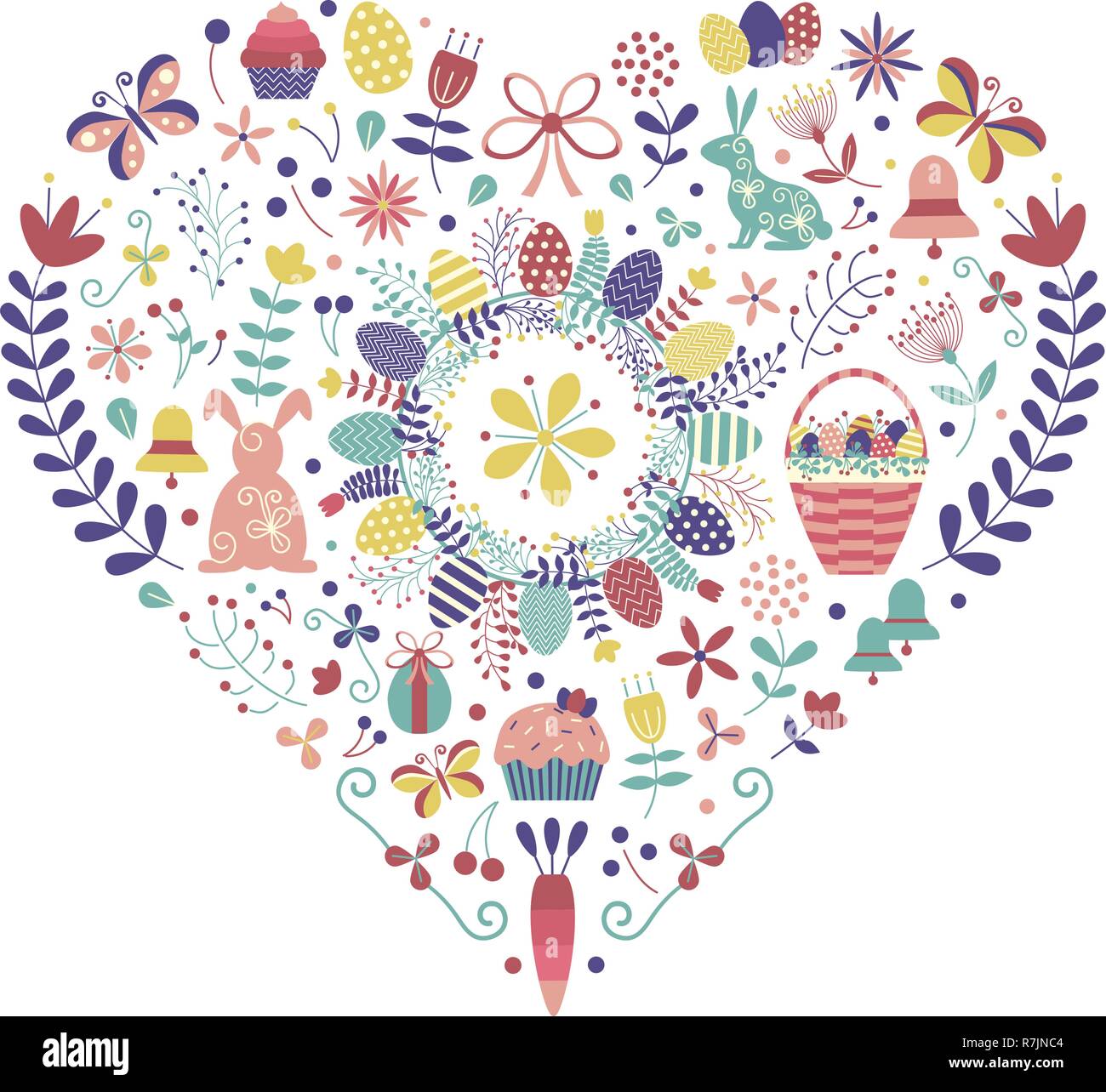 Easter Elements Set in Heart Shape Stock Vector