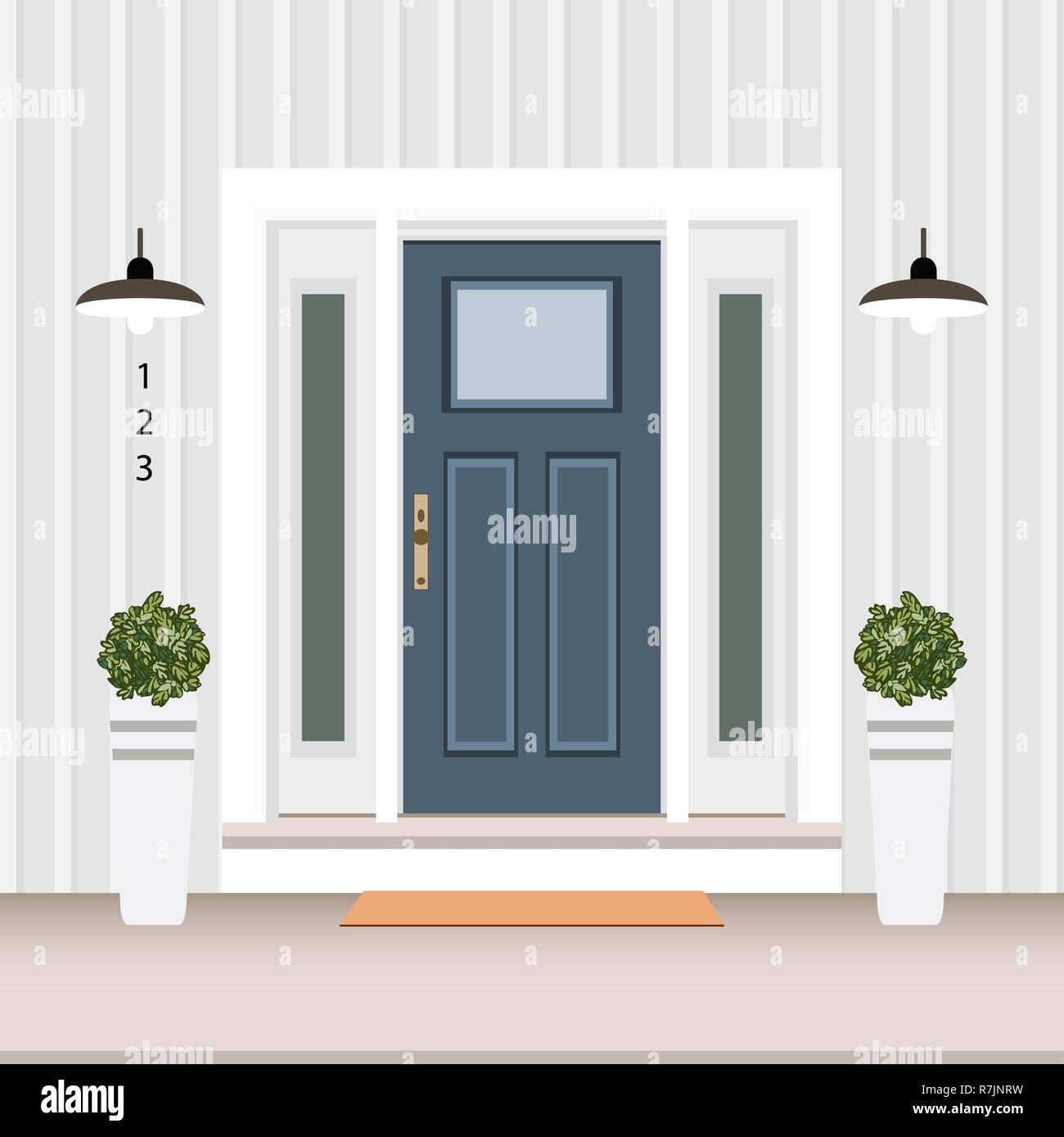 House door front with doorstep and steps, window, - vector clipart