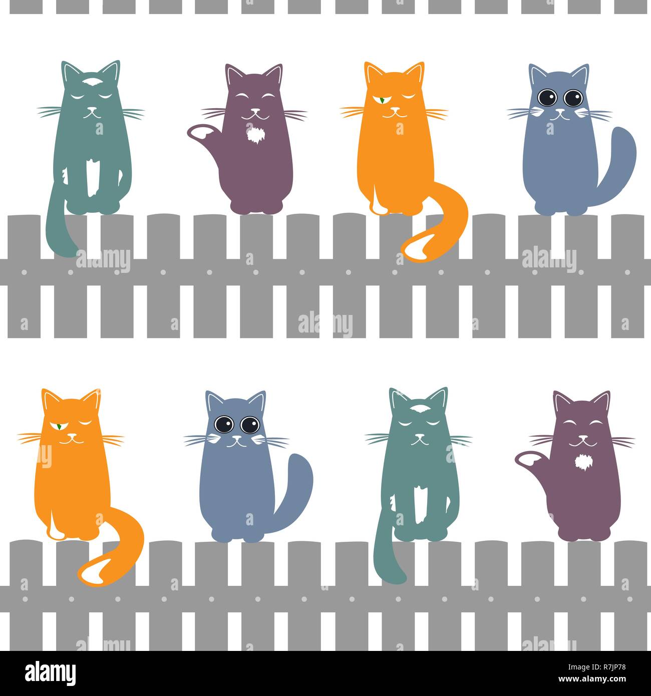 Cute seamless pattern background with cats seating on the fence. Vector illustration. Stock Vector