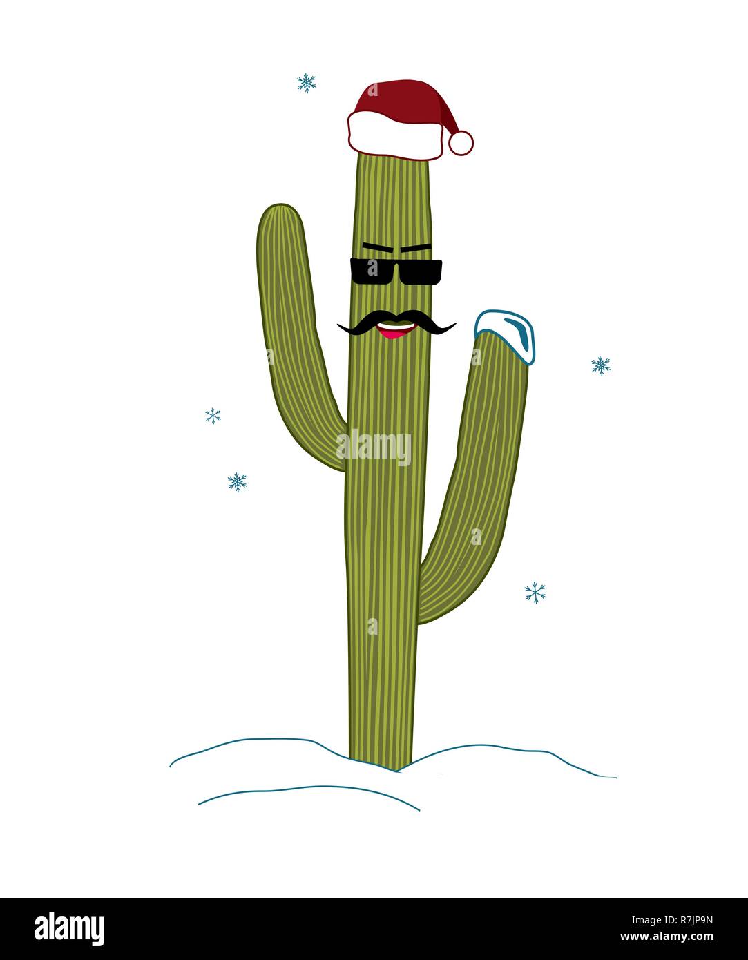 Christmas in tropical climate concept. Cactus as hipster christmas tree with santa hat. Stock Vector