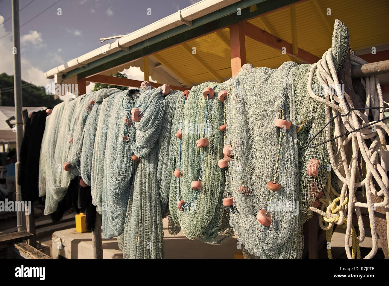Fishing nets dry on sun in castries, st.lucia. Fishing and recreation