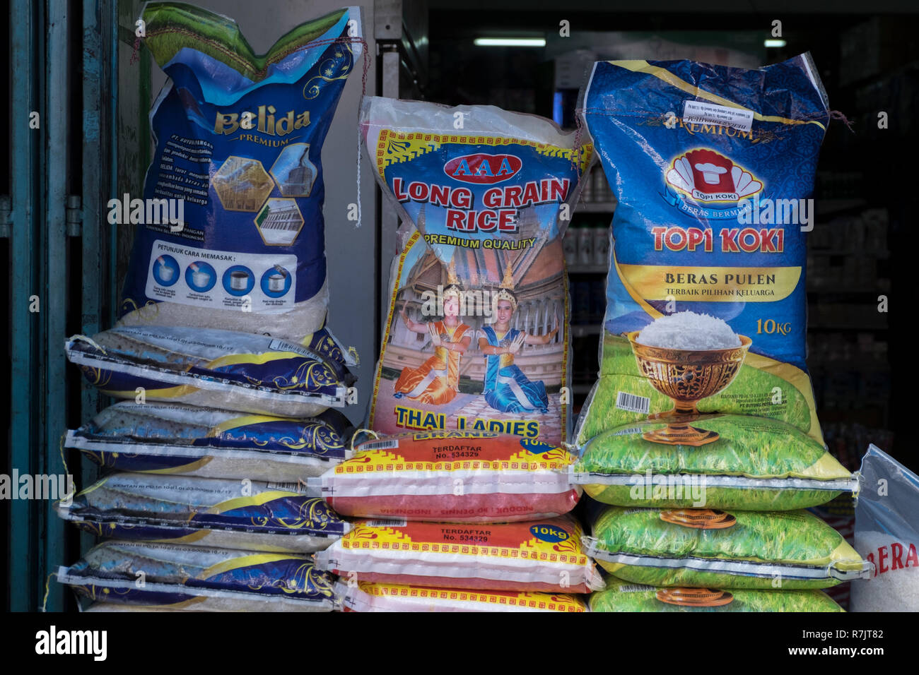 A variety of rice for sale in Pekanbaru, Indonesia Stock Photo