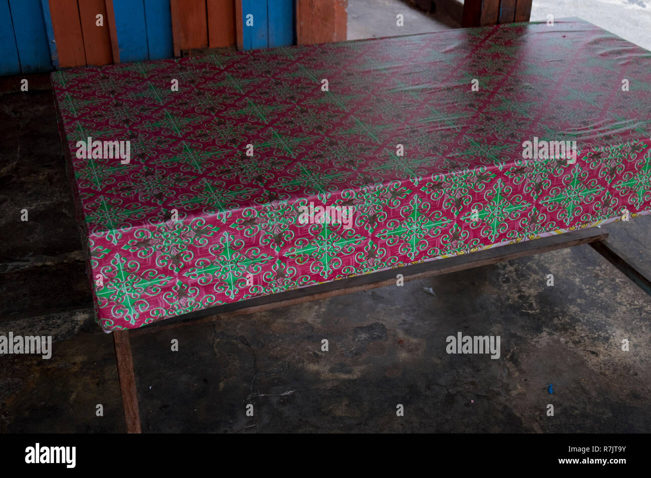 Vinyl tableclothes, recycling old advertising signs in Pekanbaru, Indonesia Stock Photo