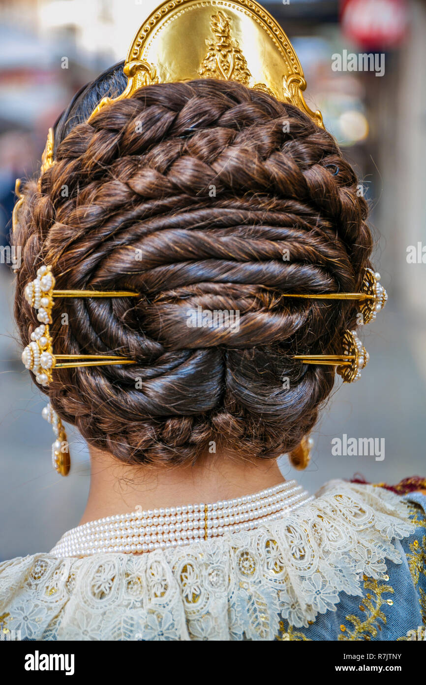 Fallas festival. Parade. Falleras, women in traditional dress. Valencia. Valencian Community. Spain. Intangible Cultural Heritage of Humanity. UNESCO Stock Photo