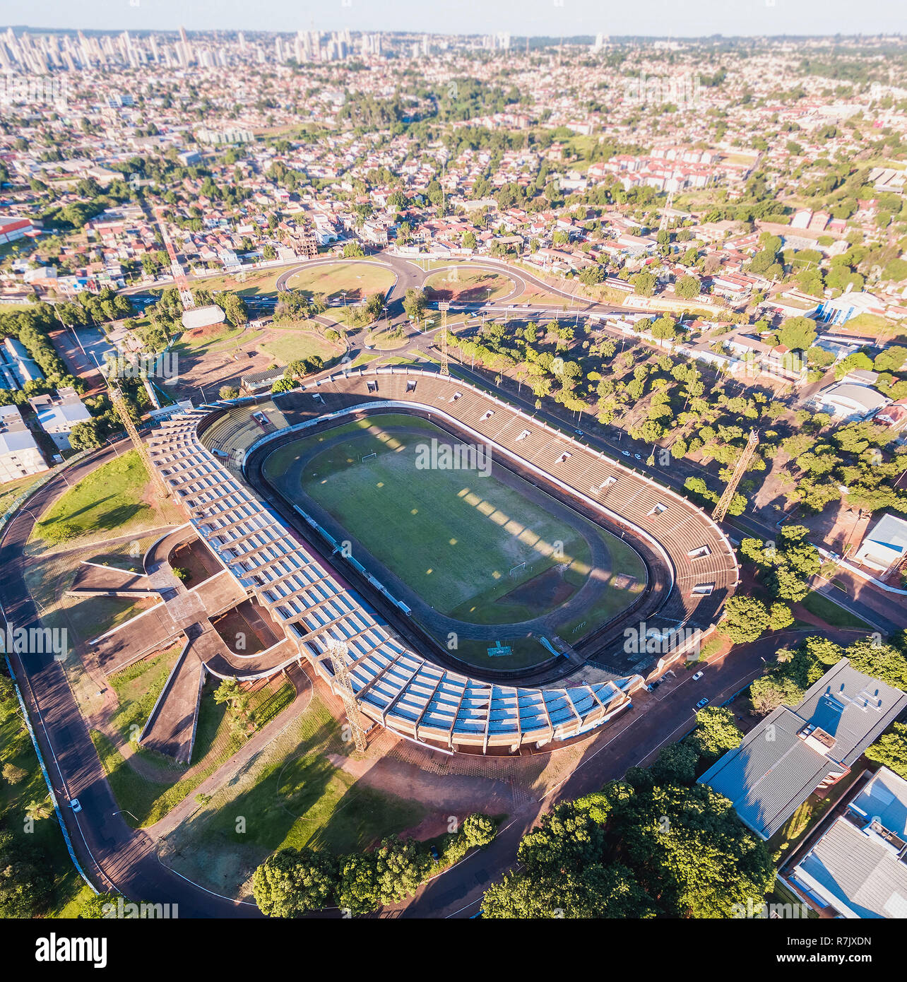 Campo Grande - MS, Brazil - December 08, 2018: Drone photo of the Estadio Pedro Pedrossian stadium. Aerial view of Estadio Morenao at a beautiful sunn Stock Photo