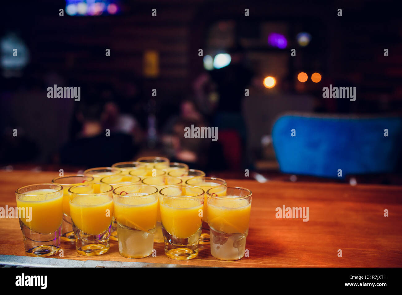 Shots On A Bar Counter Top Laid Out With A Billiard Pyramid Stock