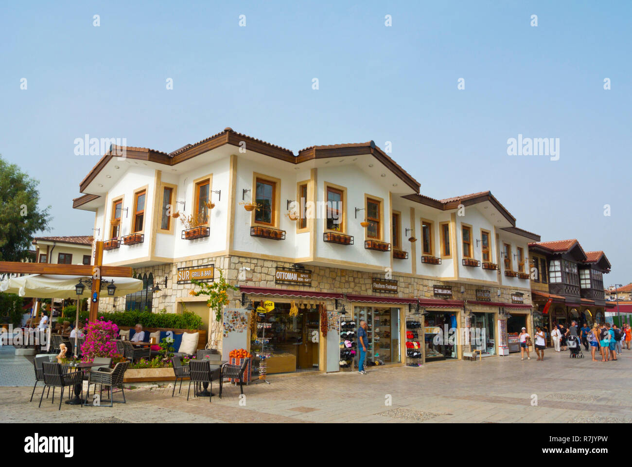 Liman Caddesi, main street, by the harbour, old town, Side, Turkey, Eurasia Stock Photo