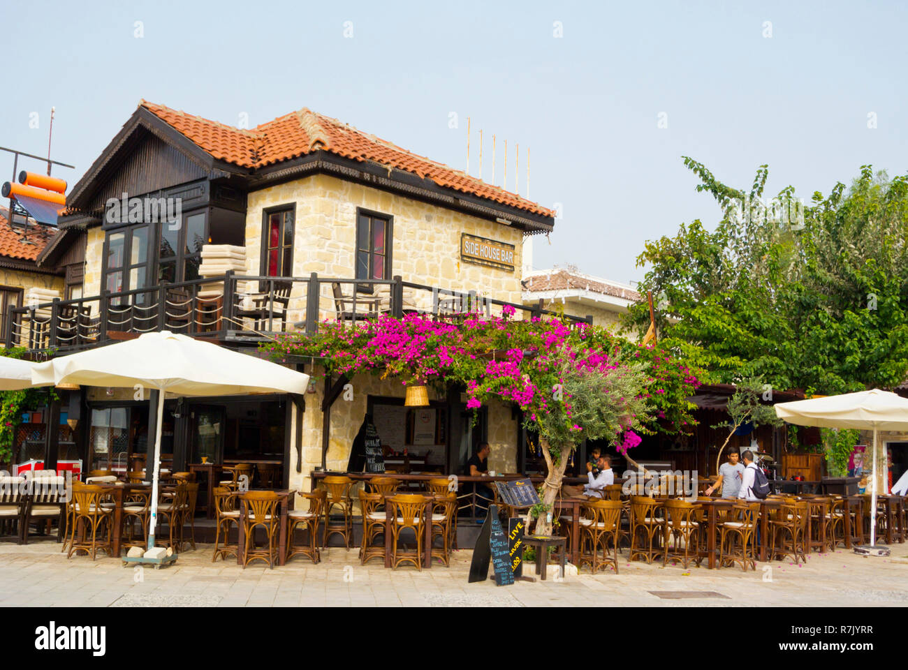 Restaurant by the harbour, Side, Turkey, Eurasia Stock Photo