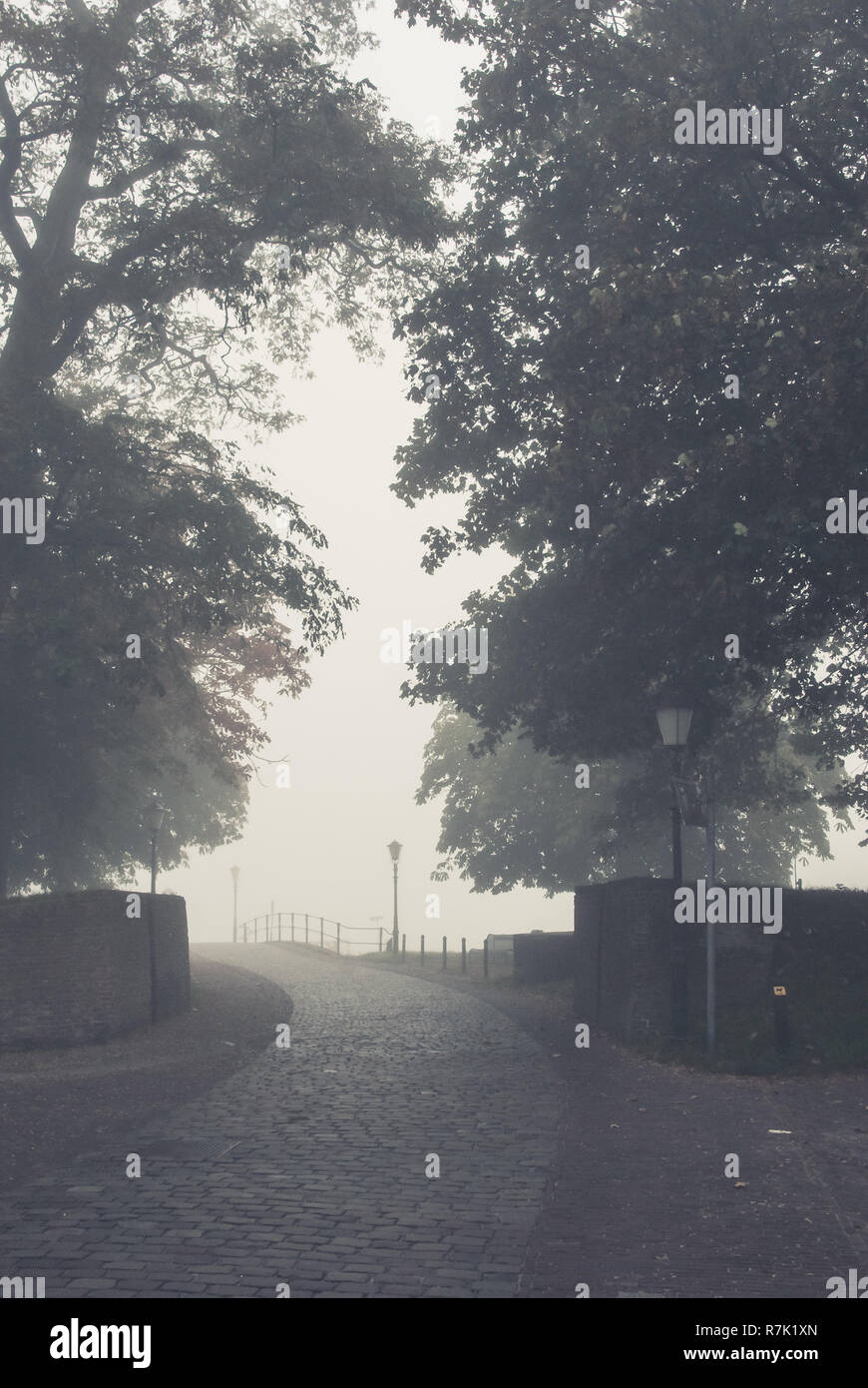Access through the gate to the fortress town, elburg, gelderland, Netherlands at misty morning Stock Photo