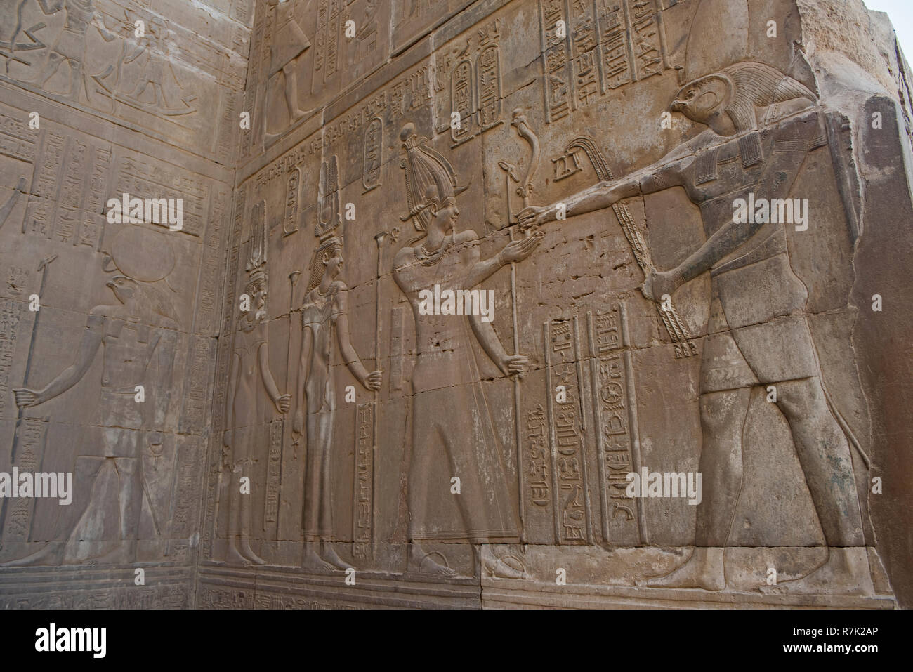 Hieroglypic carvings on wall at the ancient egyptian temple of Kom Ombo ...