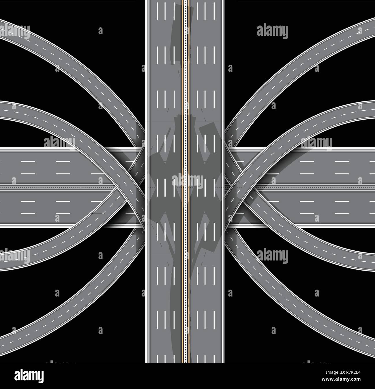 Car highway. Ring road, orbital road, beltline, beltway, loop on black background. The denouement of the many roads. Top view. Vector illustration Stock Vector