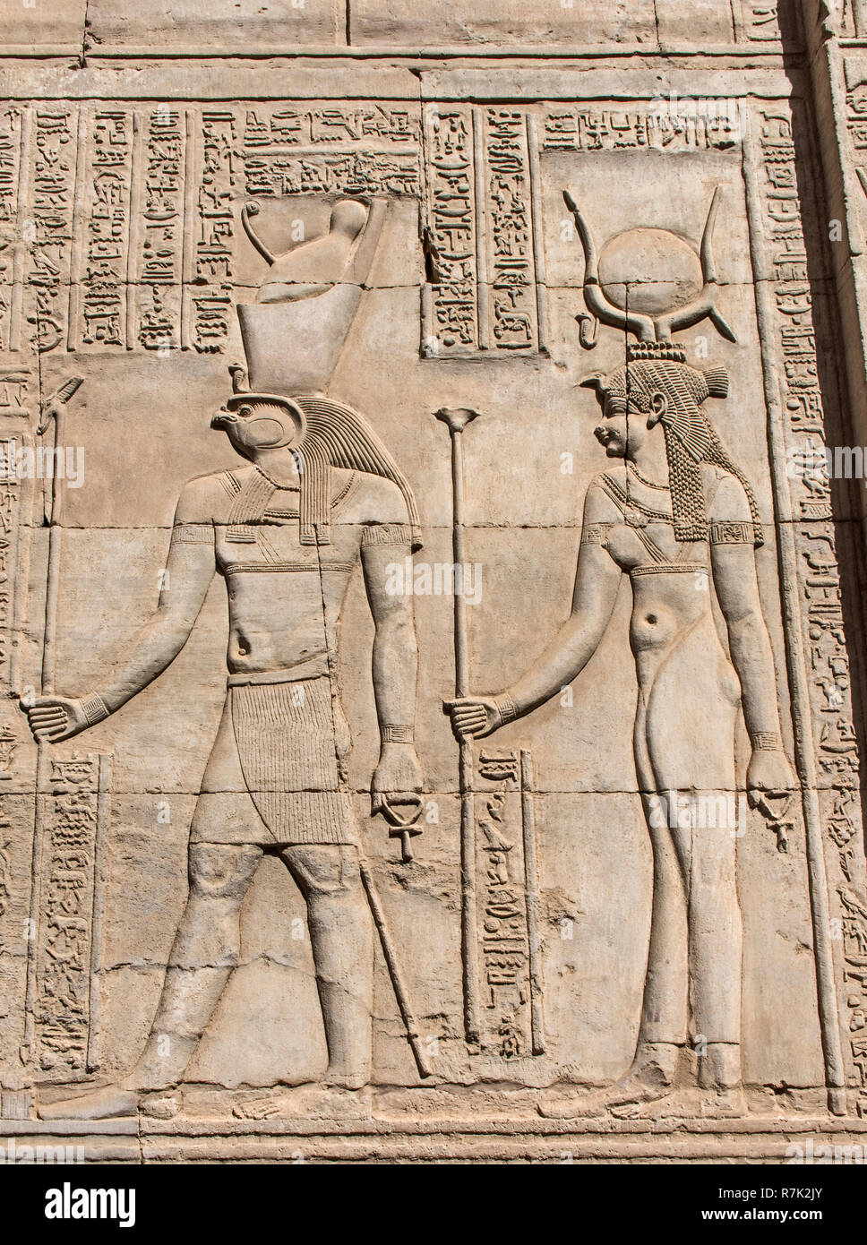 Hieroglypic carvings on wall at the ancient egyptian temple of Kom Ombo Stock Photo