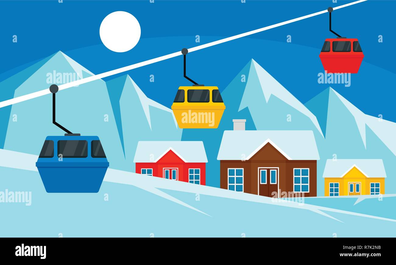 Cable car ski resort banner. Flat illustration of cable car ski resort ...